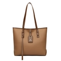 Brown pebbled leather tote bag with long shoulder straps and brand hangtag detail - Khaki