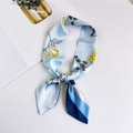 Floral skinny silk scarf in light blue with yellow flowers for hair and handbags - Magnolia Striped Light Blue