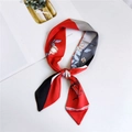Floral print long silk scarf in red and black with white flower patterns tied as a necktie - Magnolia Striped Red