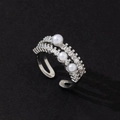 Detail of elegant silver ring featuring three pearls and sparkling cubic zirconia - Silver Row Zirconia Three Pearl Style (H)