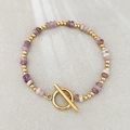 Bohemian purple natural stone beaded bracelet with gold OT clasp and stainless steel chain - Natural Amethyst