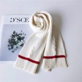 White knitted winter scarf with red stripes and elegant cable knit ribbing detail - White (1 Stripe White)