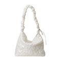 White heart-quilted nylon handbag with ruffled cloud shoulder strap and side ribbon bow - White