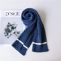 Thick navy blue knit scarf with white stripe detail and cozy cable knit texture - Blue (4 Stripe Blue)