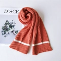 Thick orange knit scarf with cable weave pattern and white striped hem for winter warmth - Orange (6 Stripe Orange)