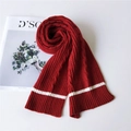 Thick red cable knit scarf with white stripes on ends for winter warmth - Wine Red (7 Stripe Wine Red)