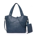 Dark blue textured faux leather tote bag set with matching coin purse and shoulder strap - Blue