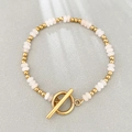 Bracciale boho in acciaio dorato con perline rosa e chiusura a T decorativa - Avventurina Rosa Naturale