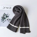 Thick charcoal grey knitted scarf with white stripes and elegant ribbing detail - Grey (8 Stripe Grey)