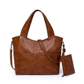 Dark brown pebbled leather tote bag with matching small coin purse and bronze hardware - Brown