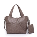 Brown soft leather tote bag set including a large handbag and a small matching pouch - Khaki