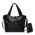 Minimalist black PU leather tote bag with crossbody strap and matching small pouch - Black