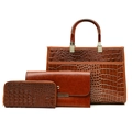 Detailed set of brown crocodile embossed tote, envelope bag and matching zip wallet - Stone Pattern Brown