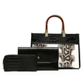 Detailed set of black crocodile and snake embossed tote bag with envelope clutch and wallet - Snake Pattern Brown