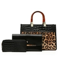 Three-piece handbag set featuring crocodile pattern, leopard print, and gold hardware - Leopard Print