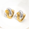 Orecchini a lobo minimalisti a onde in metallo bicolore oro e argento lucidato - Stile Motivo a Onde (eh164)