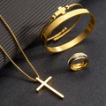 Conjunto de joyas de acero chapado en oro con collar de cruz y anillo con números romanos - Juego Collar Pulsera Anillo (Tono Dorado) / Combinación Dorada