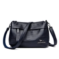 Navy blue textured faux leather shoulder bag with kangaroo metal logo and wide fabric strap - Dark Blue