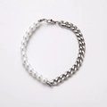 Collana da uomo con perle bianche e catena a maglia cubana in acciaio inossidabile - Bracciale