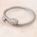 Polished silver stainless steel twisted cable cuff bracelet with barrel end caps - Steel