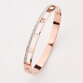 Rose gold stainless steel bangle with hollow Roman numerals and shimmering crystals - Rose Gold