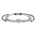 Bracciale in acciaio al titanio con testa di leopardo, occhi verdi e cordino nero - Acciaio Zircone Bianco