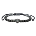 Bracciale regolabile testa di leopardo con zirconi e perline in metallo nero testurizzato - Zircone Bianco Nero