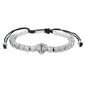 Dettaglio del bracciale testa di leopardo in argento con occhi verdi e perline metalliche - Zircone Nero Acciaio