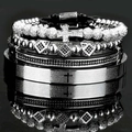 Vintage stainless steel men's bracelet set with cross charms and engraved scriptures - Steel