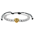 Detailed view of leopard head charm with green eyes on adjustable beaded bracelet - Steel Color Gold Leopard Black Zirconia