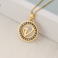 Gold plated stainless steel necklace featuring a crystal paved round pendant with letter V - Letter V