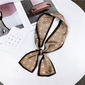 Beige double-sided heart pattern silk twilly scarf displayed on a white table - Camel Heart