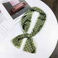 Green polka dot silk scarf with yellow borders styled as a long narrow ribbon tie - Green with Polka Dots