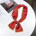 Elegant red silk ribbon scarf with white polka dots and yellow trim in bow style - Small Polka Dot Red