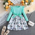 Mädchenkleid in Minzgrün und Weiß mit floralem Muster und dekorativer Taillenschleife - 90cm (1-2Y) / Minzgrün und Weiß (SKY037)