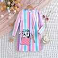 Girls' long sleeve dress featuring colorful stripes and cute cartoon cat digital print - 1-2Y / Colorful Vertical Stripes