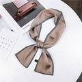 Champagne silk-feel neck scarf with black and white striped border tied in a loop - Khaki Plain Edge