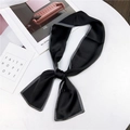 Elegant black satin skinny scarf with white diagonal edge piping in a bow knot style - Straight Leg Black