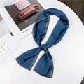 Navy blue silk scarf with black and white diagonal striped borders on a white podium - Blue Plain Edge