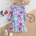 Light blue long sleeve cat and rainbow print dress for girls with matching crossbody bag - 90cm / Light Blue Cat Style (With Matching Bag)