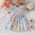 Light blue floral summer dress for girls with flutter sleeves and pink bow accents - 90 / Light Blue Floral