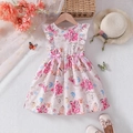Floral girls' summer princess dress in beige with pink bows and butterfly prints - Off-white Floral (SKY039) / 90cm (1-2 Years)