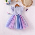 Girl's pastel rainbow tulle dress with purple knit bodice and silver star sequins - 4-5Y / Light Purple Rainbow Patchwork (ZHL229)