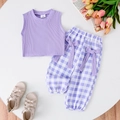 Flachbild von Mädchen Sommer lila Strickweste und karierter Hose mit Schleifendetail - 6-9M / Violett