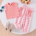 Mädchen-Set mit rosa Trägertop und karierter Hose mit Schleifen und Sonnenbrille - 6-9M / Rosa