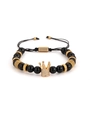 Detail of beaded bracelet with black natural stones, golden crown and adjustable cord - Glossy Black Agate (slbz019 Black)