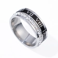 Titanium steel roman numeral spinning ring with black enamel and baguette cut crystals - Size 6 / Steel