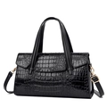 Bolso de mano negro con textura de cocodrilo, herrajes dorados y correa larga ajustable - Negro