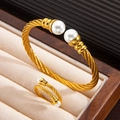 18k gold plated twist rope jewelry set with white pearls bangle and adjustable ring - Gold Bracelet And Ring Set