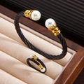 18k gold plated pearl and twisted cable bangle with matching adjustable ring jewelry set - Black Gold Bangle Ring Set